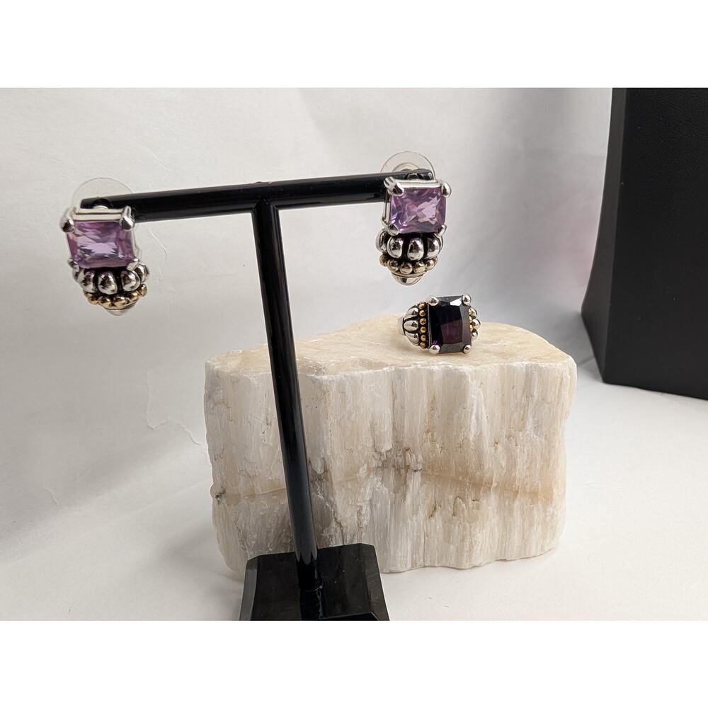 Curated Fashion Jewelry Set Ring & Earrings Purple Stone Silver Tone